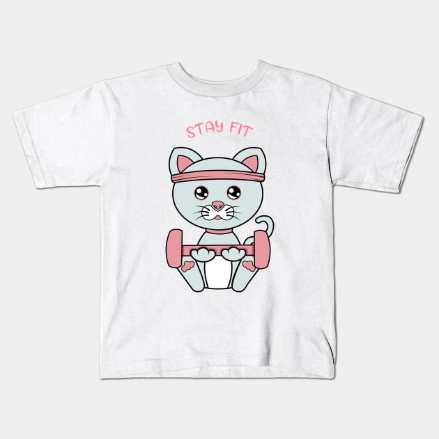 Stay fit, Cute cat lifting weights. Kids T-Shirt by JS ARTE